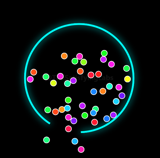 Multiply mode: dozens of colourful balls bouncing around the ring